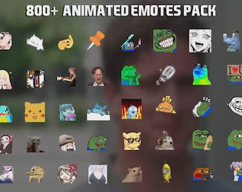 May include: A collection of over 800 animated emotes, featuring a variety of characters and expressions. The emotes are displayed in a grid format, with each emote in a separate square. The emotes include popular internet memes, anime characters, and other popular internet culture references.