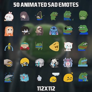Op de afbeelding: Een raster met 50 geanimeerde droevige emoticons, elk 112x112 pixels groot. De emoticons zijn een mix van cartoonfiguren, dieren en internetmemes, die allemaal verdriet uitdrukken.