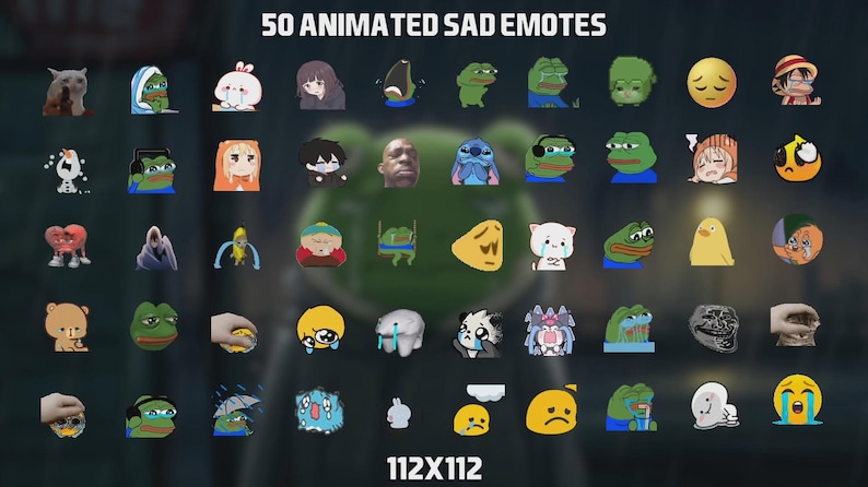 Op de afbeelding: Een raster met 50 geanimeerde droevige emoticons, elk 112x112 pixels groot. De emoticons zijn een mix van cartoonfiguren, dieren en internetmemes, die allemaal verdriet uitdrukken.