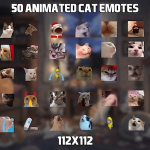 Könnte beinhalten: Eine Sammlung von 50 animierten Katzen-Emotes, die jeweils in einem kleinen Quadrat angezeigt werden. Die Emotes zeigen verschiedene Katzenausdrücke und -posen. Der Text "50 ANIMATED CAT EMOTES" steht oben und "112X112" unten.