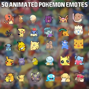Puede incluir: Una colección de 50 emoticonos animados de Pokémon, cada uno con un personaje diferente con varias expresiones. Los emoticonos son coloridos y se muestran sobre un fondo borroso. El texto en la parte superior dice "50 ANIMATED POKEMON EMOTES."