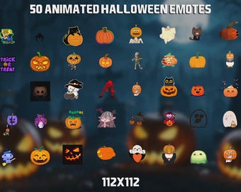 May include: A collection of 50 animated Halloween emotes, featuring pumpkins, ghosts, bats, skeletons, and other spooky characters. The emotes are all 112x112 pixels in size.