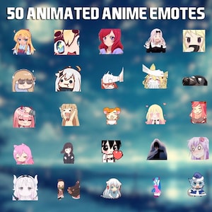 Pode incluir: Uma imagem com 50 emotes de anime animados, cada um com expressões e designs variados. Os emotes estão dispostos em uma grade contra um fundo azul desfocado, com o texto "50 ANIMATED ANIME EMOTES" no topo.