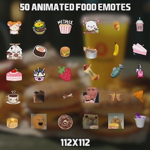 Paquete de 50 emoticones de comida animados para Twitch, Kick, YouTube y Discord: emoticones de comida, emoticones de Twitch, emoticones de hamburguesa y emoticones de bebida.