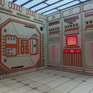 May include: A model of a futuristic, sci-fi room with a large, white door labeled "SECTOR 05". The room has a red and white striped wall with the words "RESTRICTED AREA" printed on it.