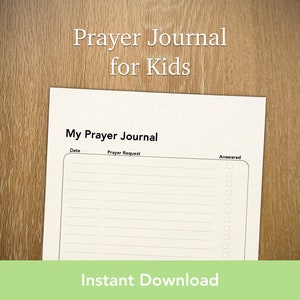 May include: Printable prayer journal for kids with a black and white design. The journal has sections for date, prayer request, and answered. The text "My Prayer Journal" is at the top of the page.