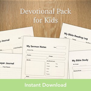 May include: A printable devotional pack for kids with pages for daily journaling, prayer requests, sermon notes, bible reading log, and bible study.