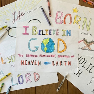 May include: Five colorful drawings on white paper with the words "and the everlasting Life", "BORN VIRGIN", "I BELIEVE IN GOD THE FATHER ALMIGHTY, CREATOR OF HEAVEN AND EARTH", "JESUS HI LORD", and "CATHOLIC CHURCH" with stick figures.