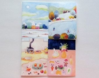 6 Assorted Holiday Greeting Cards - Skate fun, Cozy cat, Quiet winter day, Warm wishes