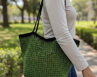 Handmade Crochet Tote Bag - Green Market Bag with Black Trim