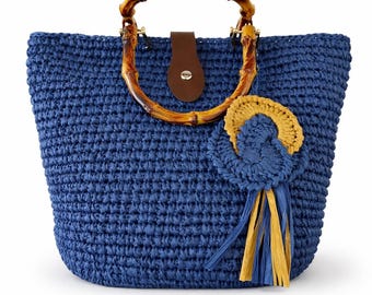 Boho Crochet Tote with Bamboo Handles – Handmade Navy Raffia Bag, Stylish Women’s Handbag