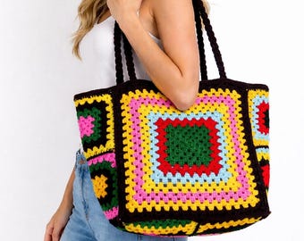 Bolso de mano cuadrado de abuela de ganchillo hecho a mano, bolso de hombro bohemio colorido,