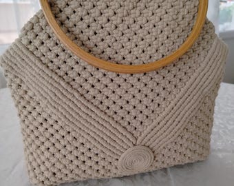 Cotton Macrame Crochet Handbag, Wooden Handle, Stylish and Elegant Design, Perfect for Special Occasions and Everyday Use Mother&#39;s Day Gift