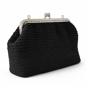 Handmade Black Crochet Clutch Bag, Elegant Evening Purse with Metal Frame, Minimalist Boho Handbag,