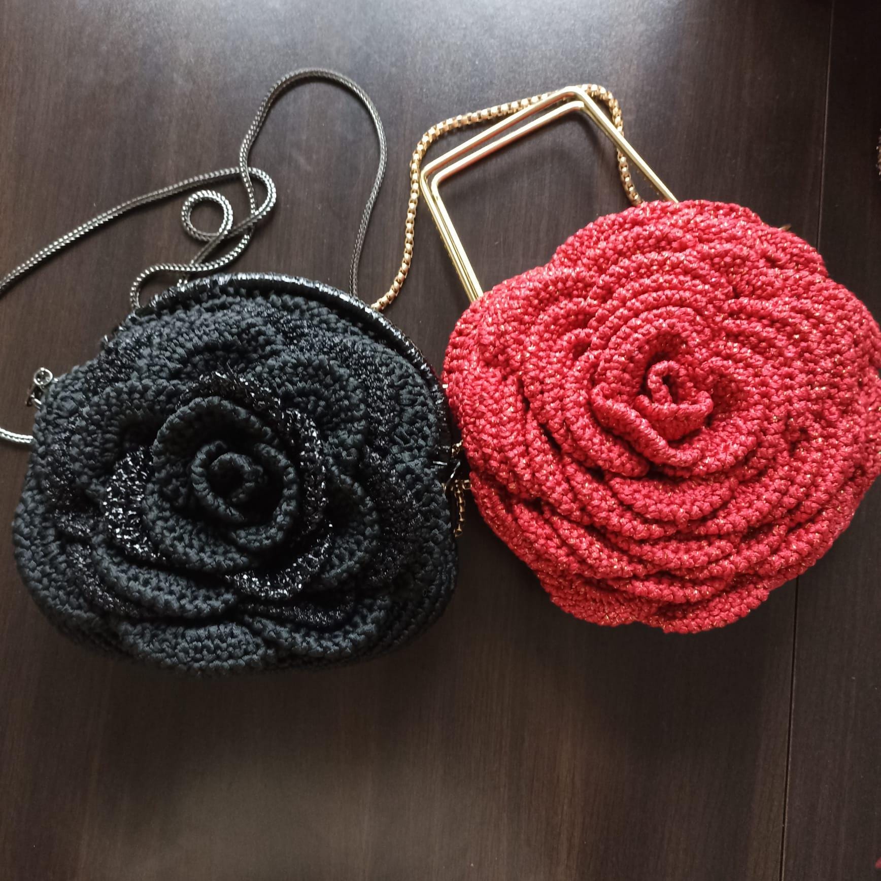 Crochet Rose Bag, Handmade Knitted Rose Purse, Elegant Floral Handbag, Black and Red Shoulder Bag, Unique Gift for Her Mother's Day Gift