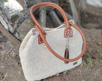 Knitted Paper Yarn Tote Bag with Leather Handles, Crochet Shoulder Purse for Women, Minimalist Eco Boho Bag for Everyday Use