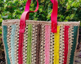 Crochet Beach Bag Summer Tote – Colorful Paper Yarn Shoulder Bag, Large Handmade Boho Market Bag, Lightweight Vacation Purse