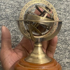 Antique Brass Armillary Sphere Globe Astrolabe With Wooden Base – Handmade Zodiac Decor