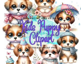 Kids Puppy Clipart 25 PNG Images Transparent Background 300 DPI Cute Instant Digital Download Crafts Sublimation Junk Journal Scrapbooking