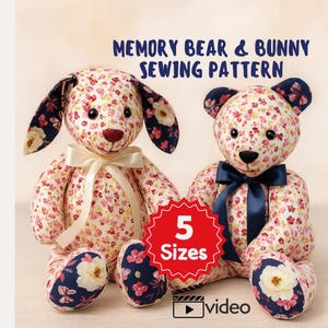 Pode incluir: Dois padrões de costura de animais de pelúcia: um urso e um coelho. Ambos são feitos de tecido floral com detalhes em azul marinho. O urso tem um laço azul marinho e o coelho tem um laço creme. O texto "Memory Bear & Bunny Sewing Pattern" está no topo.