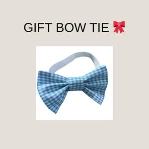 May include: A blue and white gingham bow tie with a white elasticated band. The text "GIFT BOW TIE" is above the bow tie.