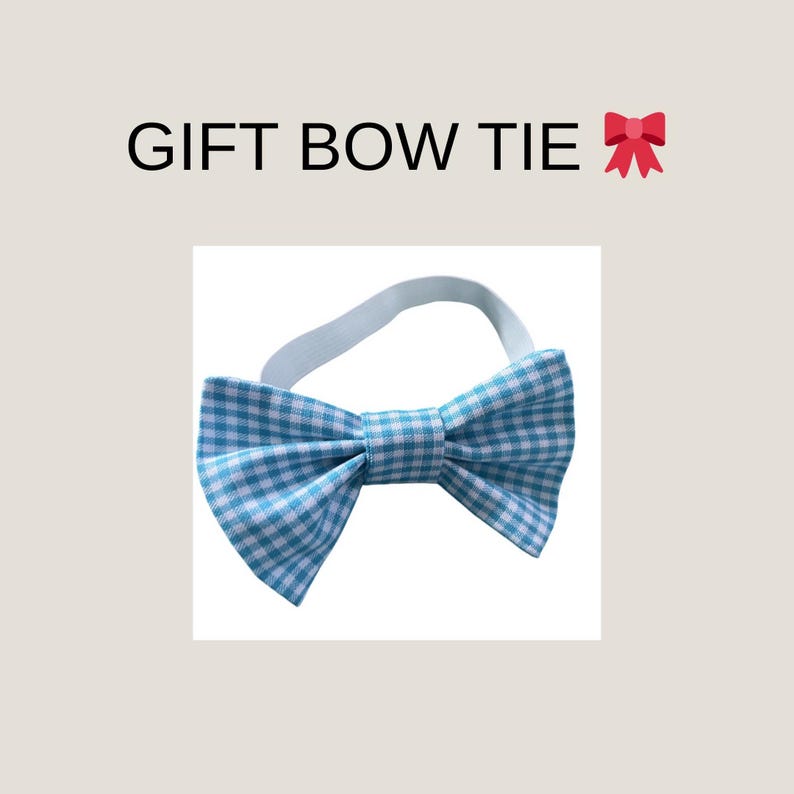 May include: A blue and white gingham bow tie with a white elasticated band. The text "GIFT BOW TIE" is above the bow tie.