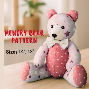 Memory Bear Sewing Pattern. Three patterns.
- Includes patterns and instructions for Bear+Bow Tie.
- Bear pattern sizes: 18'' (45cm), 14'' (35cm).

This memory bear doesn't have joints; the limbs are sewn into the seams.

This is a digital sewing pattern for a Memory Bear.
Patterns ready to print full size on your home printer on A4 or US Letter.