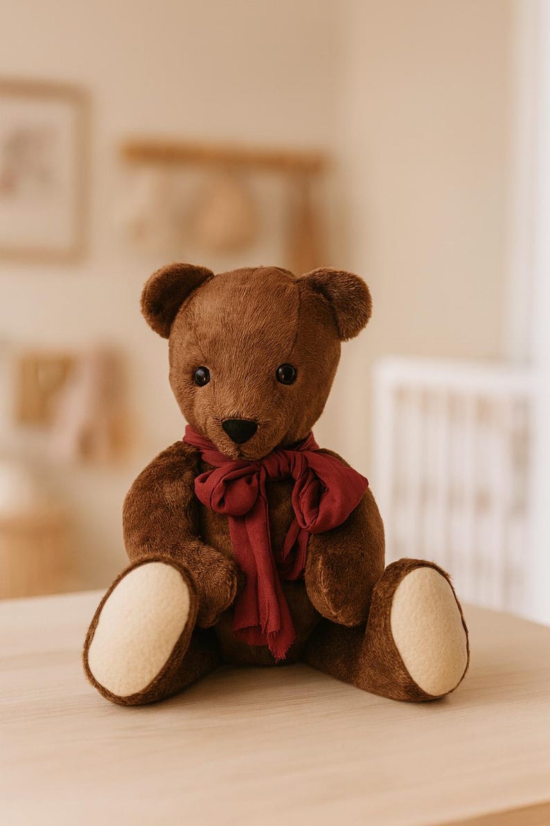 May include: A brown teddy bear with a deep red scarf. The bear has a classic design with a soft, plush texture, and cream-coloured foot pads. The bear is sitting on a light-coloured surface.