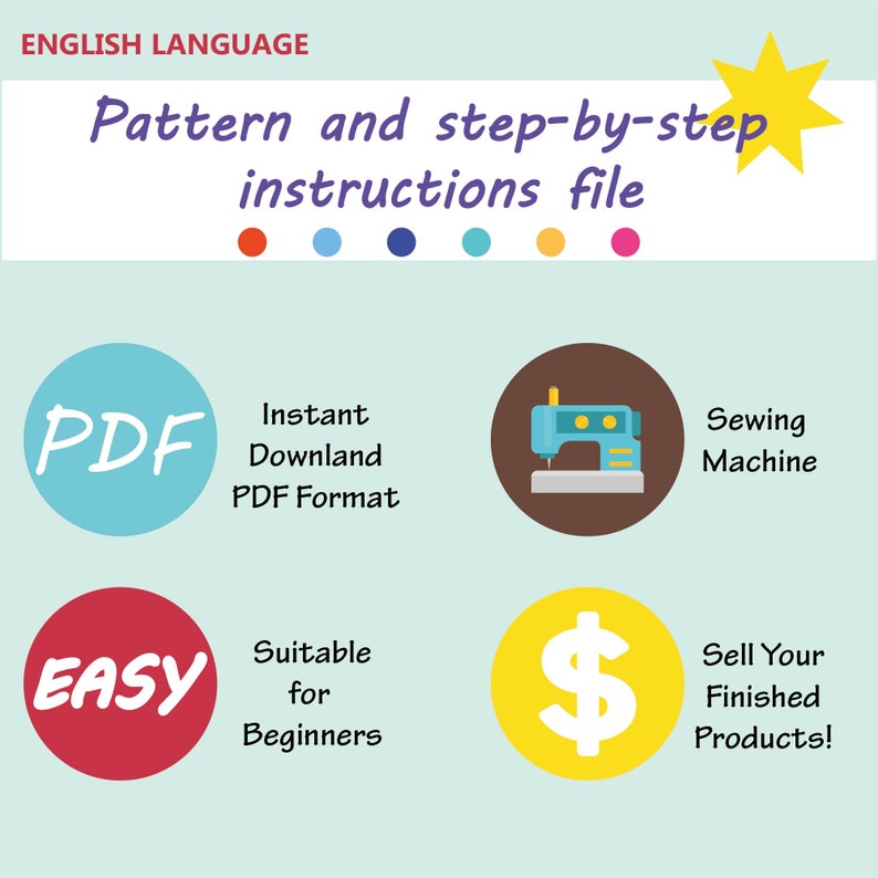 May include: An infographic with the text "Pattern and step-by-step instructions file." It includes icons for PDF format, a sewing machine, and the word "EASY." The graphic also states the product is suitable for beginners and allows you to sell finished products.