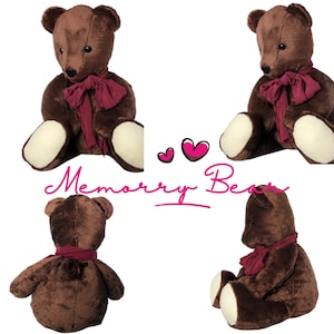 May include: Four brown teddy bears with cream-coloured paws and a burgundy ribbon around their necks are displayed. The bears are arranged in a square, with the text "Memory Bear" and two pink hearts in the centre.