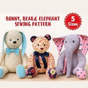 Naaipatroon geheugenspeelgoed: konijn, beer, olifant (pdf-patroon)