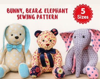 Memory Toy Sewing Pattern: Bunny, Bear, Elephant (PDF Pattern)