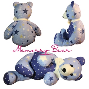 May include: A plush teddy bear in various poses, made of blue fabric patterned with white and yellow stars. The bear has a cream-colored bow and the text "Memory Bear" in pink cursive.