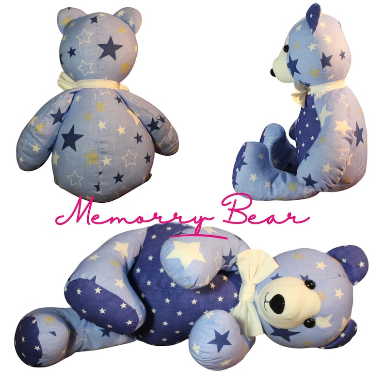 May include: A plush teddy bear in various poses, made of blue fabric patterned with white and yellow stars. The bear has a cream-colored bow and the text "Memory Bear" in pink cursive.