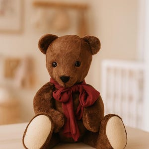 May include: A brown teddy bear with a deep red scarf. The bear has a classic design with a soft, plush texture, and cream-coloured foot pads. The bear is sitting on a light-coloured surface.