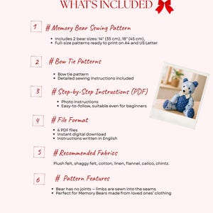 May include: A digital PDF pattern for a Memory Bear, including instructions and patterns for two bear sizes: 14 inches (35 cm) and 18 inches (45 cm). The pattern includes bow tie patterns, step-by-step instructions, and recommended fabrics.