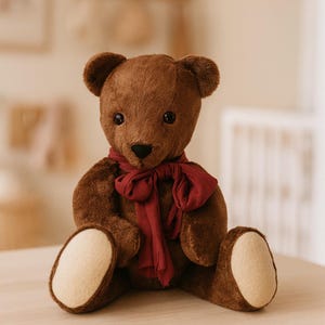 May include: A brown teddy bear wearing a dark red scarf. The bear has a soft, plush texture, with light-coloured pads on its paws. The bear is sitting on a light-coloured surface.