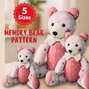 May include: Three plush memory bears in varying sizes. The bears are primarily pink and light purple, with a star pattern. Each bear has a white bow tie and black button eyes. The image also includes text that reads "Memory Bear Pattern" and "5 Sizes".