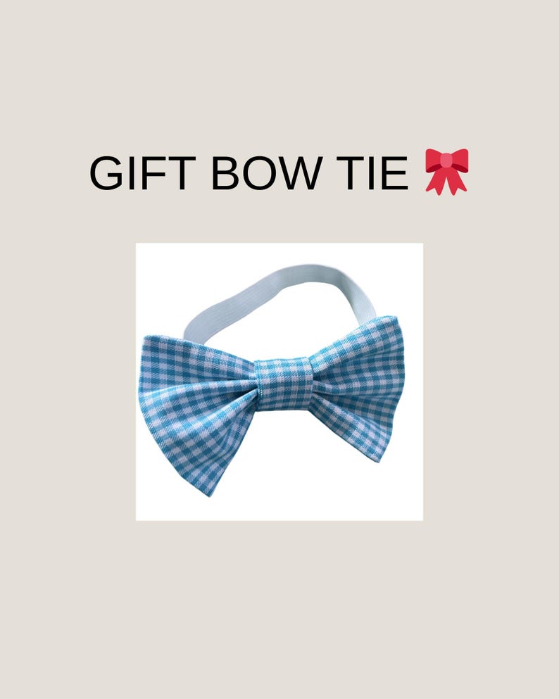 May include: A blue and white gingham bow tie with a white elastic band. The text "GIFT BOW TIE" is above the bow tie, with a red bow emoji to the right.