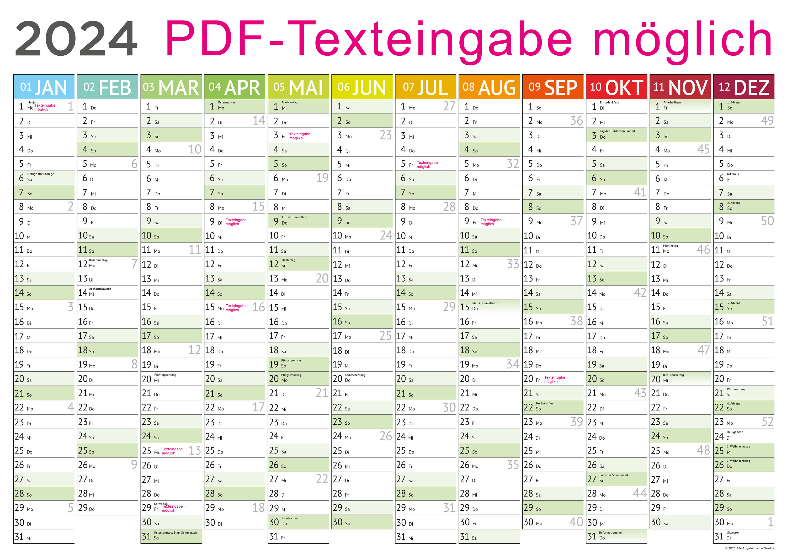 Kalender 2024, digitaler Wandkalender zum Drucken. Interaktives PDF