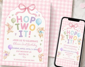 Some Bunny Is Two 2nd Birthday Invitation, Hop Two It Pink Bunny Girl Invite, Editable Canva Template