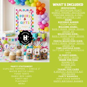 May include: A party decor set featuring a Books & Gifts sign, cupcakes with toppers, and treat bags. The green side panel lists included items like 5x7 invitations, 72x24 inch banners, and various signs in sizes from 8x10 to 24x36 inches and A2.