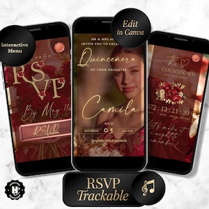 May include: Three smartphones displaying a Quincea&ntilde;era invitation. The central phone shows a photo of a young woman with the text "Quincea&ntilde;era of their daughter Camila". The other phones show RSVP and countdown details. The design is in shades of red and gold.