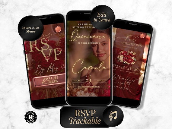 Quinceañera Red Gold Floral Digital Invitation RSVP Online ,Mis Quince 15 Años Website Sweet 15 Birthday, Quinceanera RSVP Canva Website