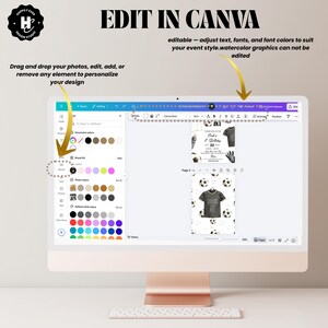 May include: A computer monitor displays a design in Canva. The screen shows a soccer-themed invitation with a jersey graphic. Text on the screen reads "Edit in Canva" and "Drag and drop your photos, edit, add, or remove any element to personalize your design."