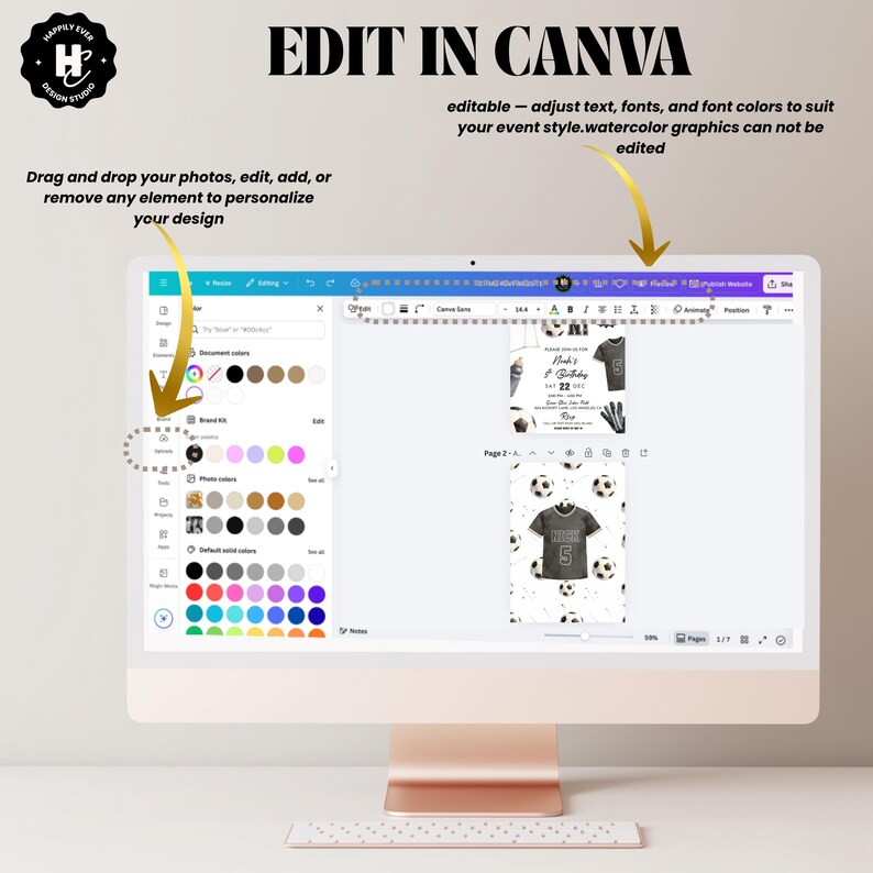 May include: A computer monitor displays a design in Canva. The screen shows a soccer-themed invitation with a jersey graphic. Text on the screen reads "Edit in Canva" and "Drag and drop your photos, edit, add, or remove any element to personalize your design."