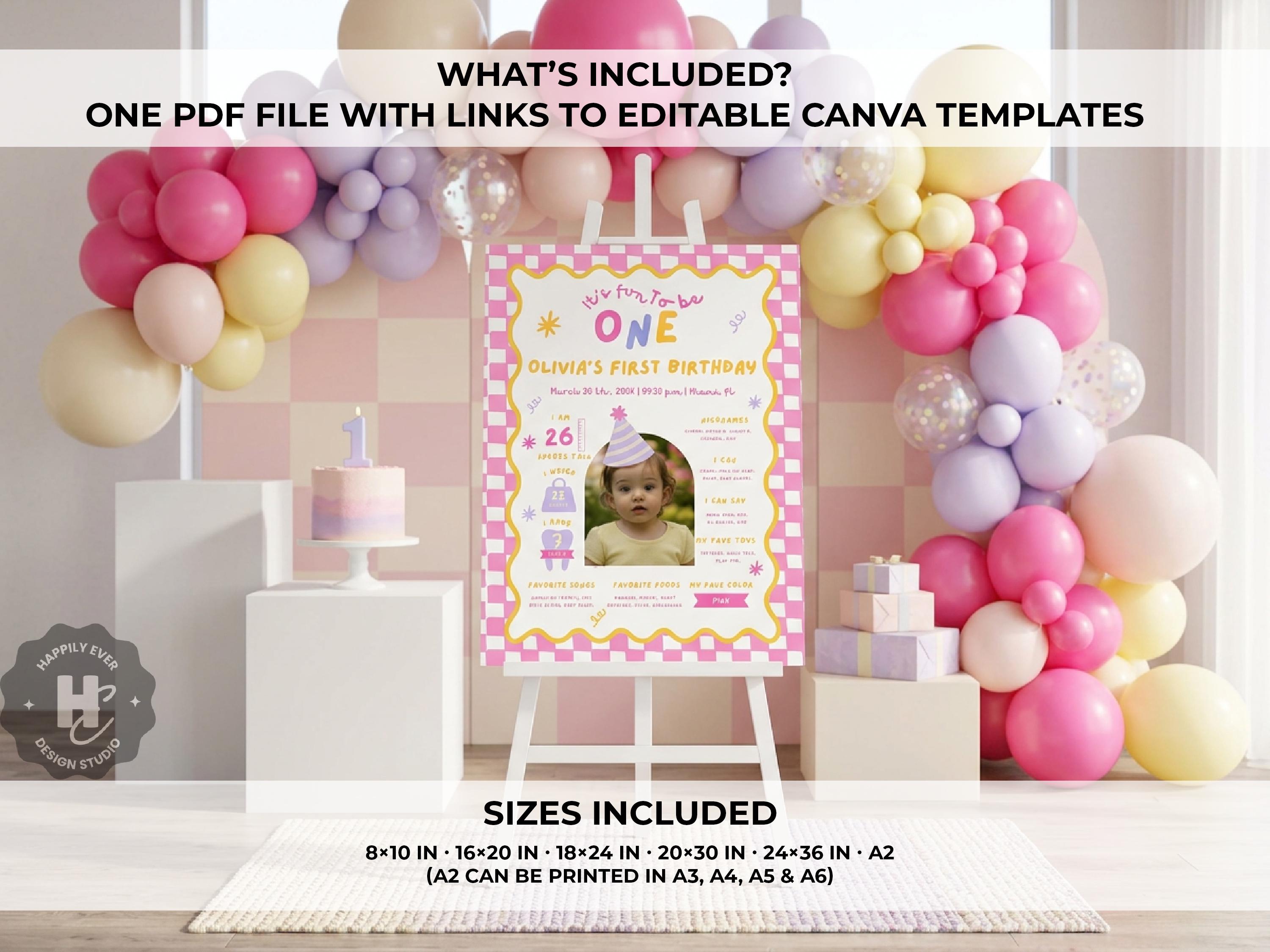 Fun to Be One Girl 1st Birthday Milestone Poster , Colorful First ...