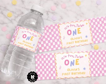 Fun To Be One Girl 1st Birthday Water Bottle Label  , One is Fun First Birthday Party Decor  , Canva Template