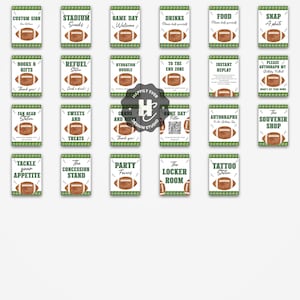 May include: A collection of rectangular signs with a football theme. Each sign features a watercolor football illustration and text such as "Custom Sign," "Stadium Snacks," and "Game Day Welcome." The signs have a green border.