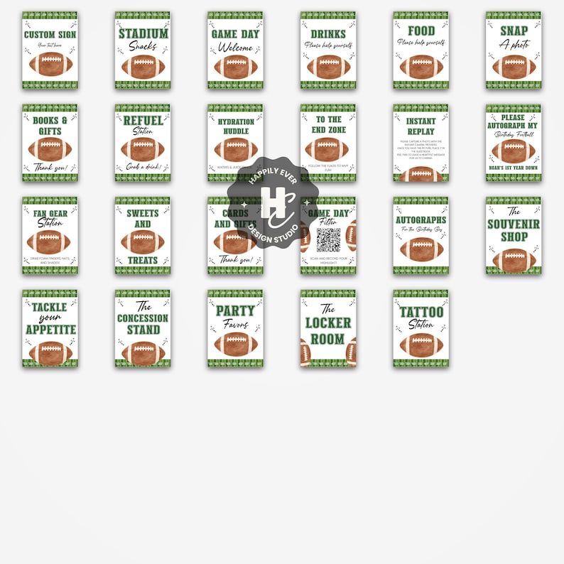 May include: A collection of rectangular signs with a football theme. Each sign features a watercolor football illustration and text such as "Custom Sign," "Stadium Snacks," and "Game Day Welcome." The signs have a green border.